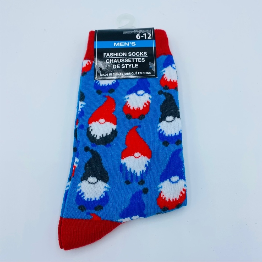 Men's Fashion Socks; Blue & Red with Gnome's; 6-12